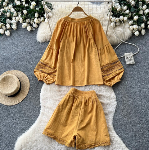 Hollowed Lace Top & Shorts 2Pcs