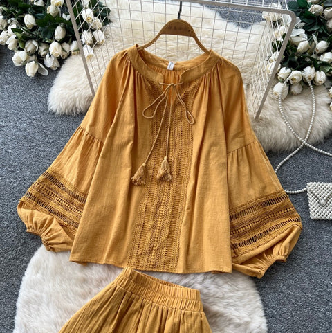 Hollowed Lace Top & Shorts 2Pcs