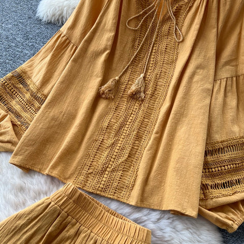 Hollowed Lace Top & Shorts 2Pcs