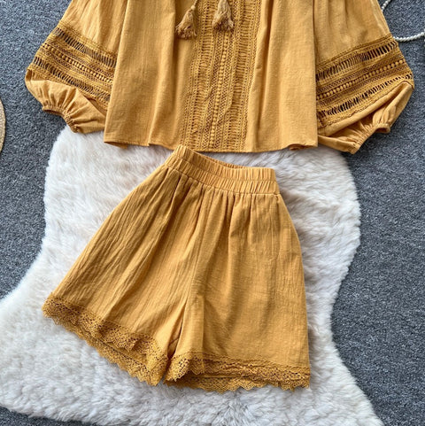 Hollowed Lace Top & Shorts 2Pcs