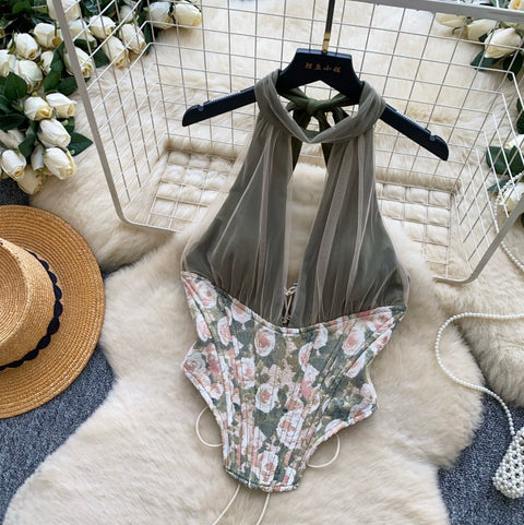 Sexy Deep V-neck Floral Halter Top