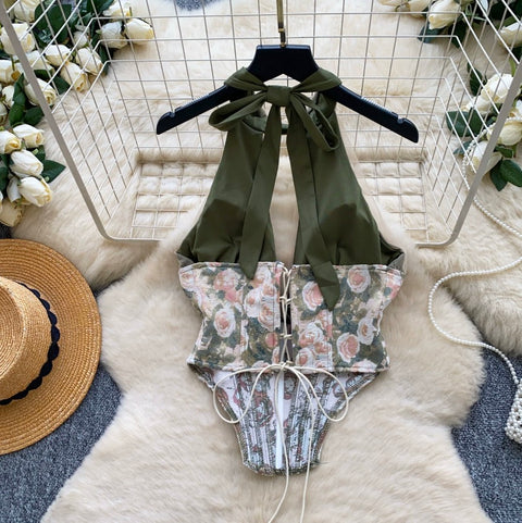 Sexy Deep V-neck Floral Halter Top