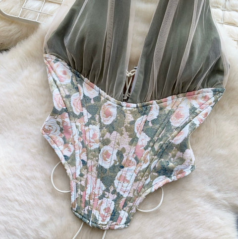 Sexy Deep V-neck Floral Halter Top