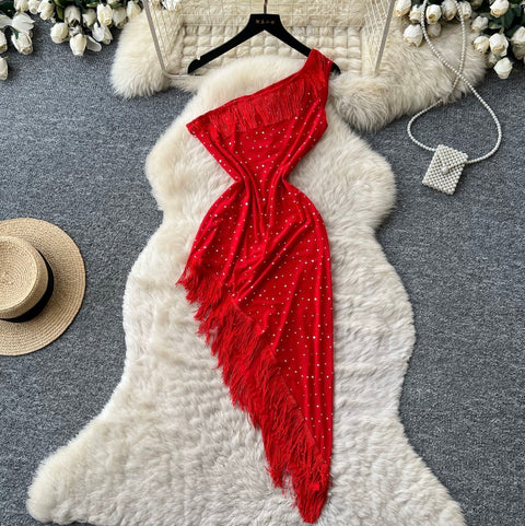 One-shoulder Sequined Fringe Dress