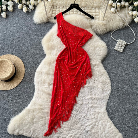 One-shoulder Sequined Fringe Dress