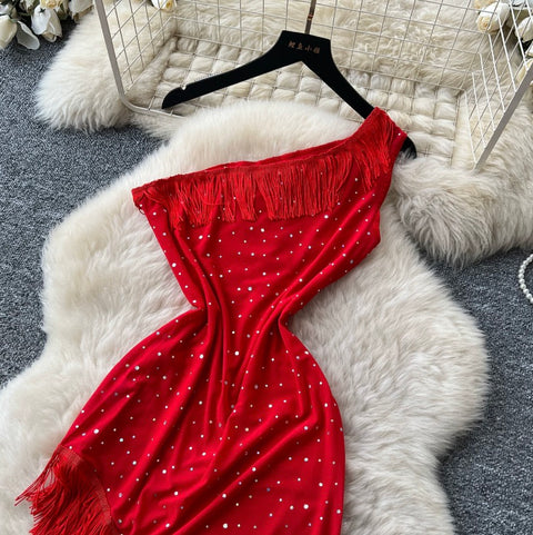One-shoulder Sequined Fringe Dress