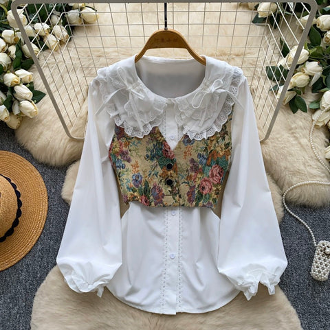 Floral Vest & White Shirt Courtly 2Pcs