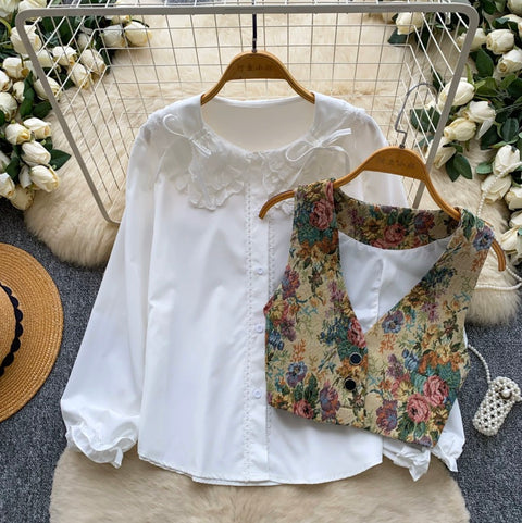 Floral Vest & White Shirt Courtly 2Pcs