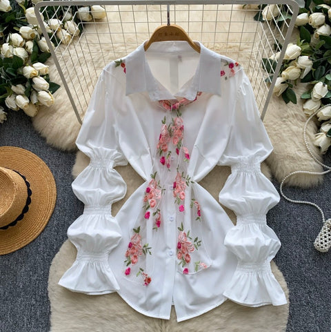 Flared Sleeve Shirt with Flower Ribbon