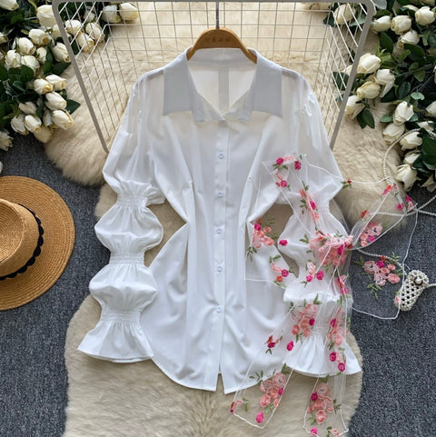 Flared Sleeve Shirt with Flower Ribbon