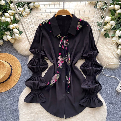 Flared Sleeve Shirt with Flower Ribbon