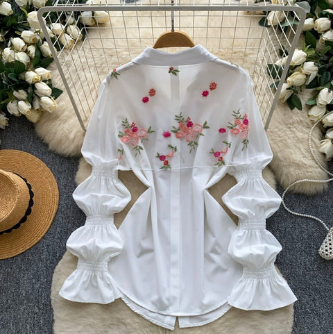 Flared Sleeve Shirt with Flower Ribbon