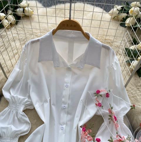 Flared Sleeve Shirt with Flower Ribbon