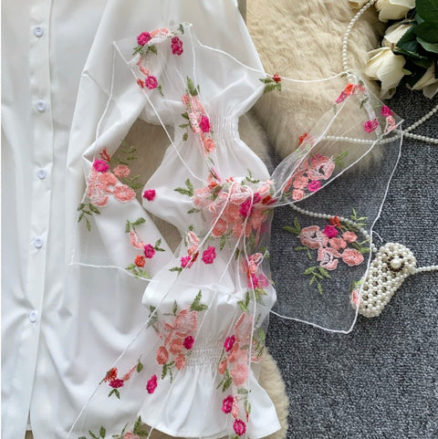 Flared Sleeve Shirt with Flower Ribbon