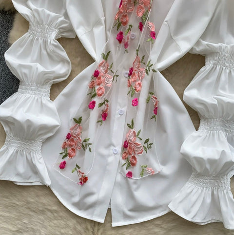 Flared Sleeve Shirt with Flower Ribbon