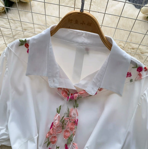 Flared Sleeve Shirt with Flower Ribbon