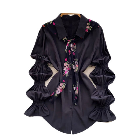 Flared Sleeve Shirt with Flower Ribbon
