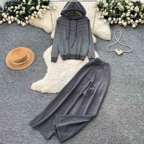 Striped Cardigan & Wide-leg Trousers 2Pcs