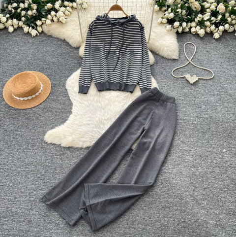Striped Cardigan & Wide-leg Trousers 2Pcs