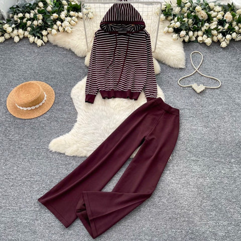 Striped Cardigan & Wide-leg Trousers 2Pcs