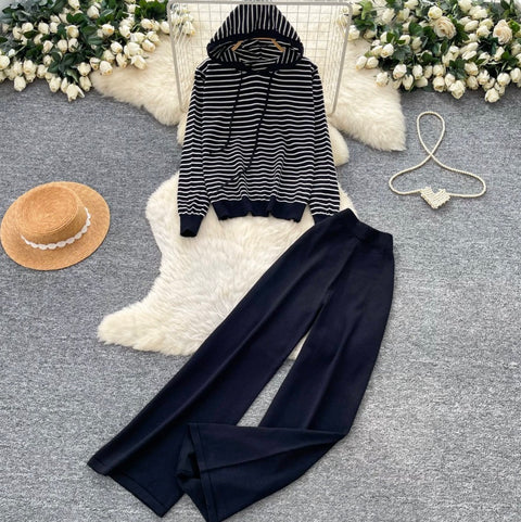 Striped Cardigan & Wide-leg Trousers 2Pcs