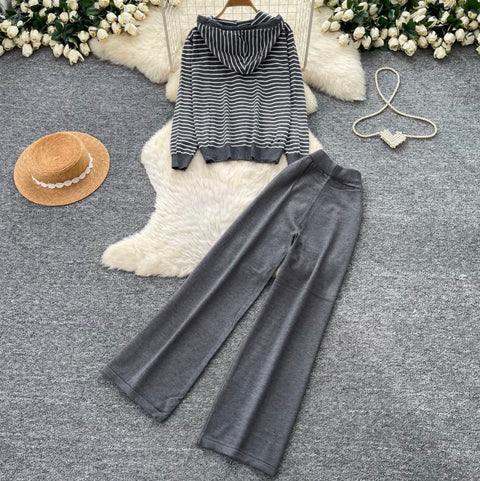 Striped Cardigan & Wide-leg Trousers 2Pcs