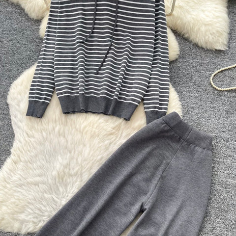 Striped Cardigan & Wide-leg Trousers 2Pcs