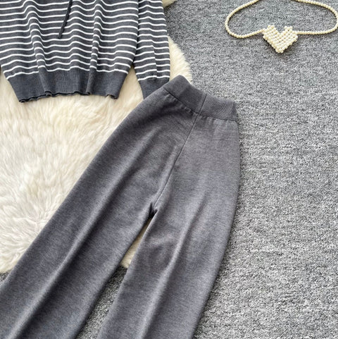 Striped Cardigan & Wide-leg Trousers 2Pcs