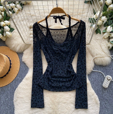 Faux Two-pieces Polk-dot Shirt
