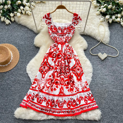 Red Printed A-line Dress