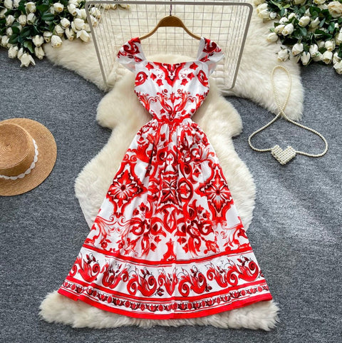 Red Printed A-line Dress
