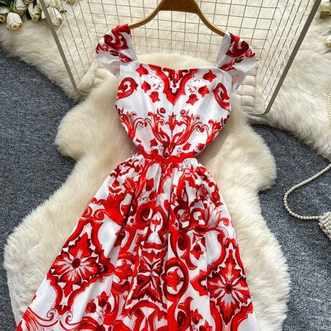 Red Printed A-line Dress