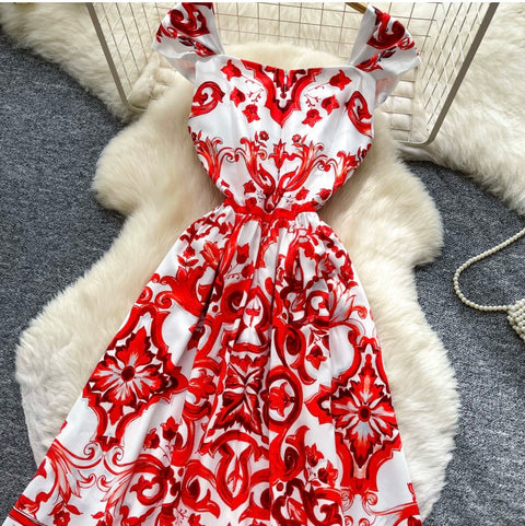 Red Printed A-line Dress