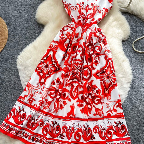 Red Printed A-line Dress