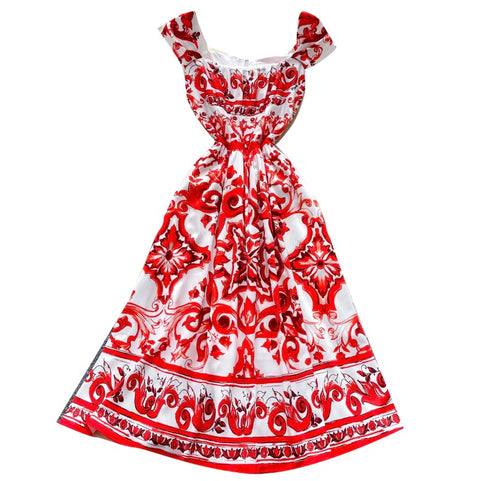 Red Printed A-line Dress