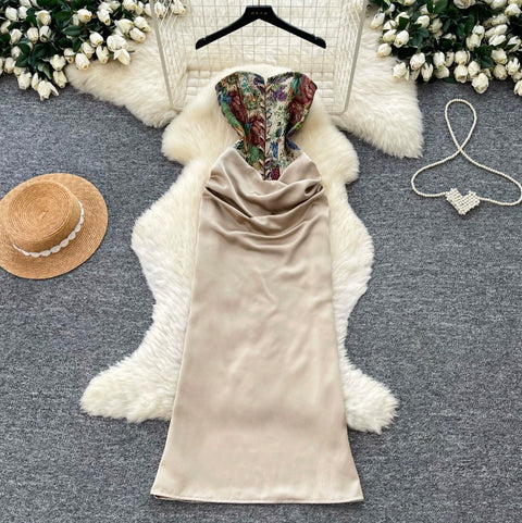 Niche Embroidered Satin Patchwork Dress