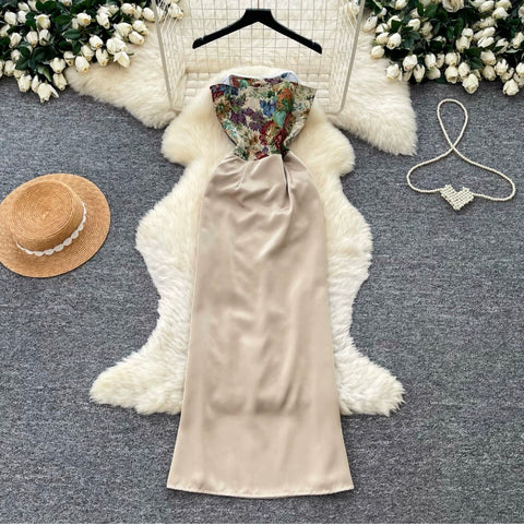 Niche Embroidered Satin Patchwork Dress