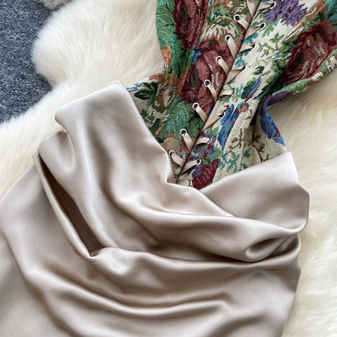 Niche Embroidered Satin Patchwork Dress