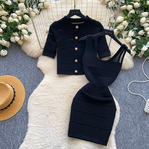 Short Cardigan & Dress Knitted 2Pcs