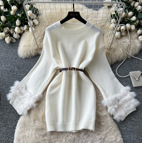 Korean Style Furry Cuff Sweater Dress
