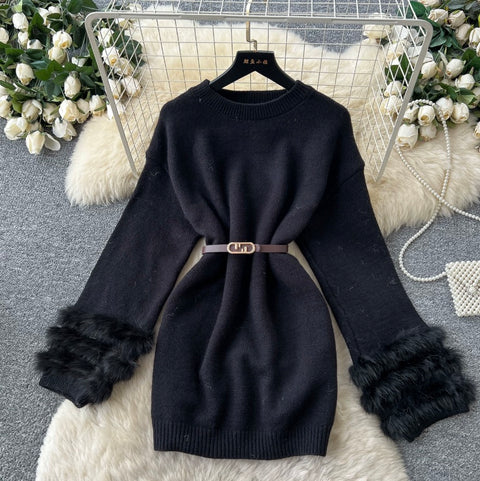 Korean Style Furry Cuff Sweater Dress