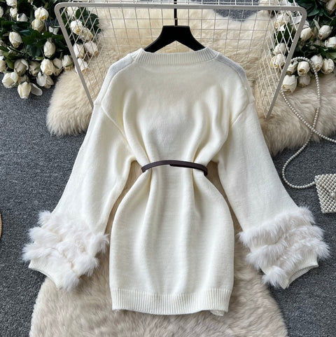 Korean Style Furry Cuff Sweater Dress