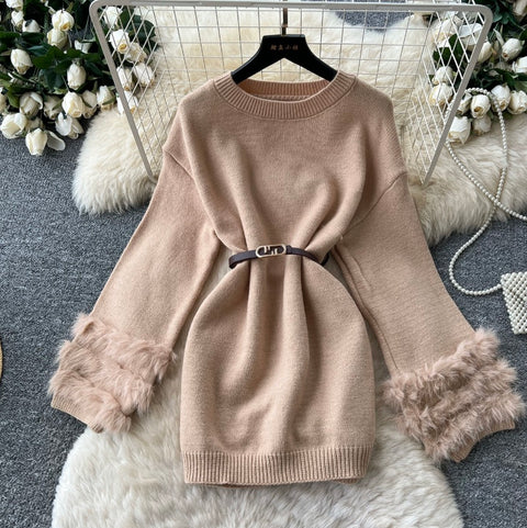 Korean Style Furry Cuff Sweater Dress