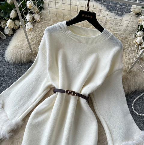 Korean Style Furry Cuff Sweater Dress
