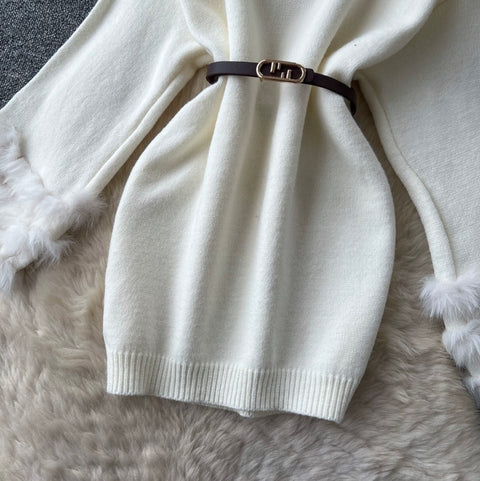 Korean Style Furry Cuff Sweater Dress