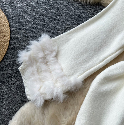 Korean Style Furry Cuff Sweater Dress