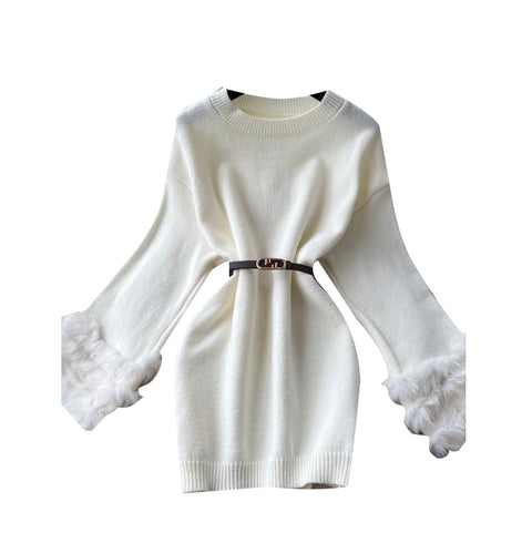 Korean Style Furry Cuff Sweater Dress