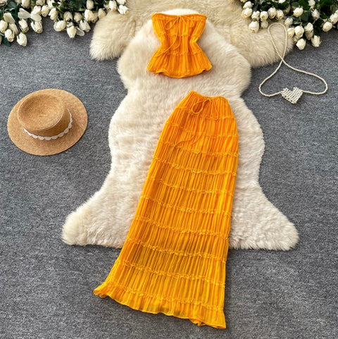 Pleated Top & Half-body Skirt 2Pcs