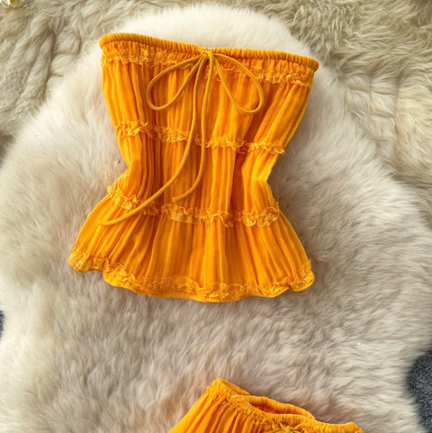 Pleated Top & Half-body Skirt 2Pcs
