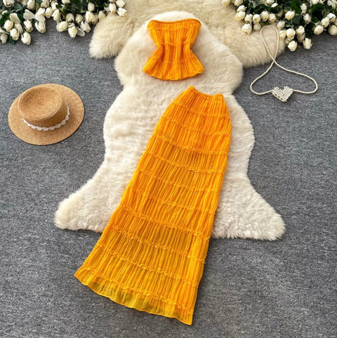 Pleated Top & Half-body Skirt 2Pcs